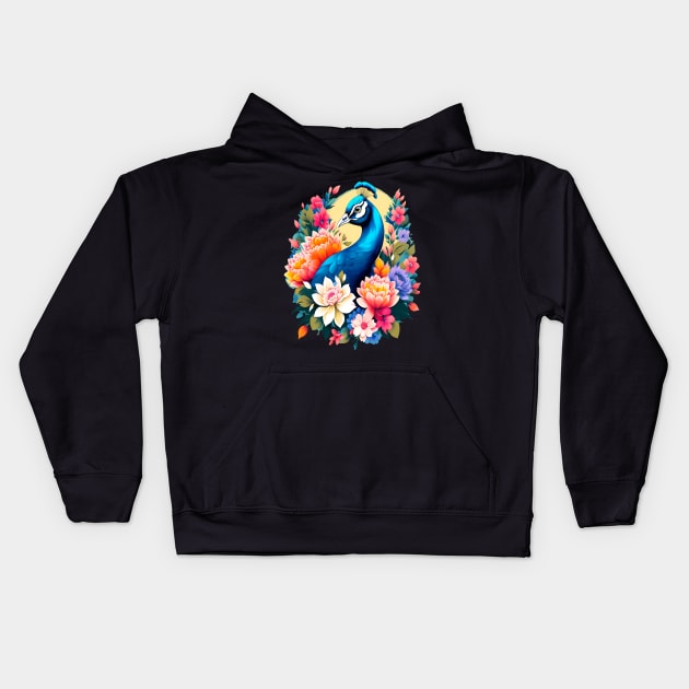 A Cute Peacock Surrounded by Bold Vibrant Spring Flowers Kids Hoodie by BirdsnStuff